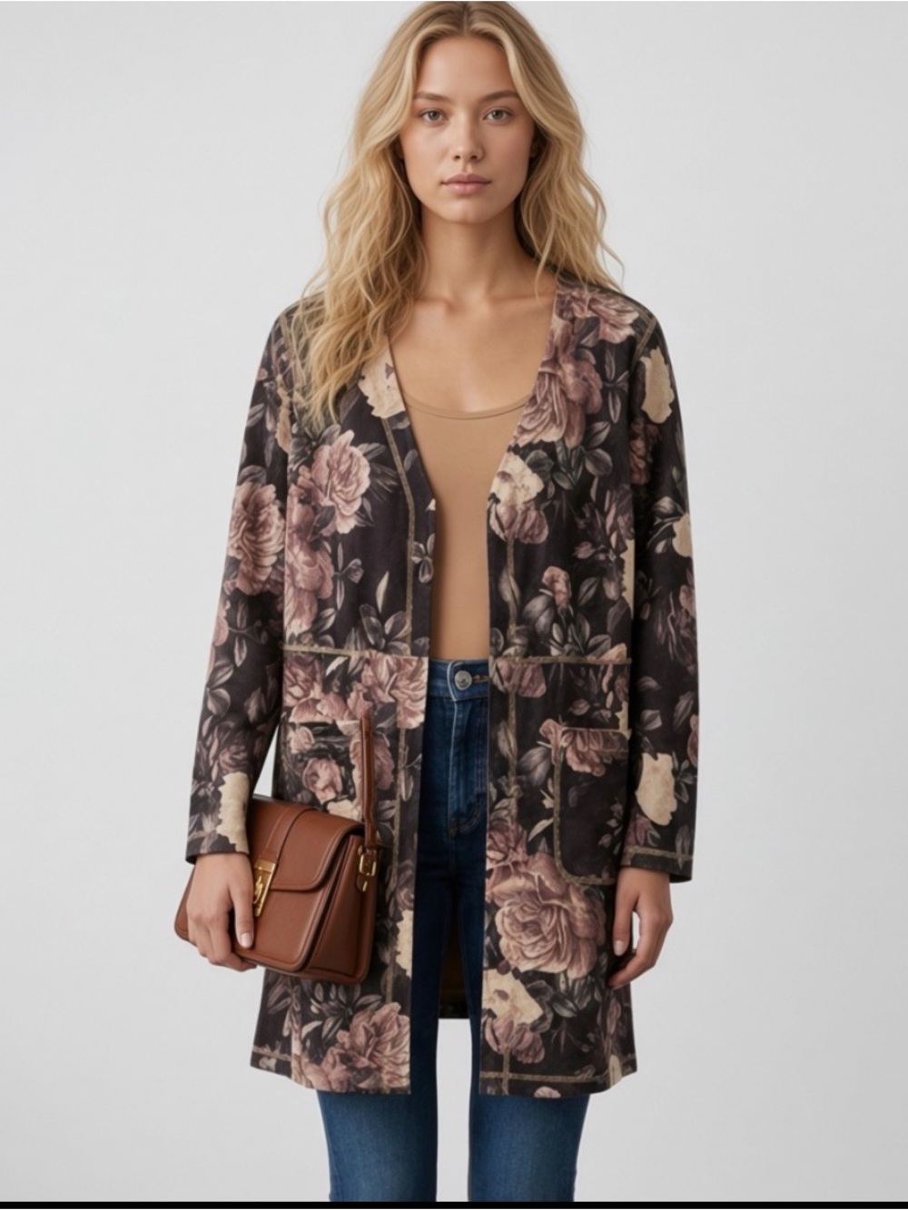 Solitaire Faux Suede floral open jacket, fall jackets